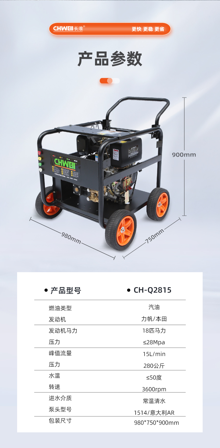 長淮CH-Q2815單缸汽油高壓清洗機產(chǎn)品參數(shù)